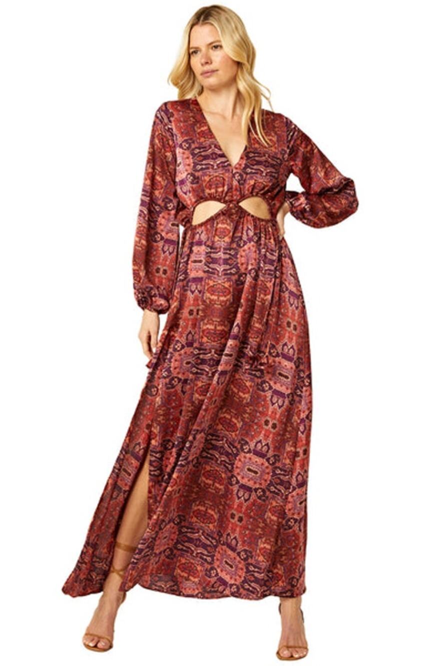 Misa Los Angeles Kasia Satin Tapestry Print Cut Out Maxi NWT Dress M $430